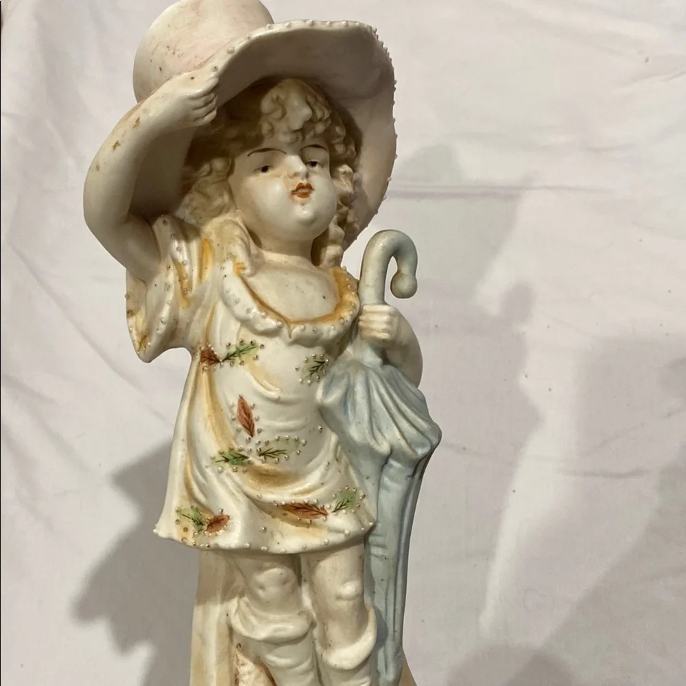 Vintage Bisque Porcelain Hand Painted Figurine with Umbrella 9” approx - Picture 10 of 15